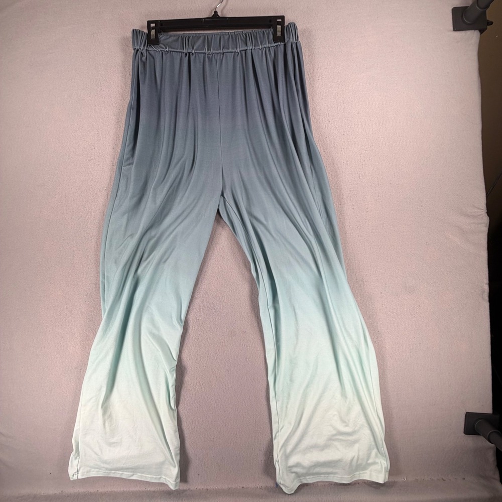 Women's Medium Ombre Wide Leg Pants Blue Gray White Gradient Elastic Waist Flowy